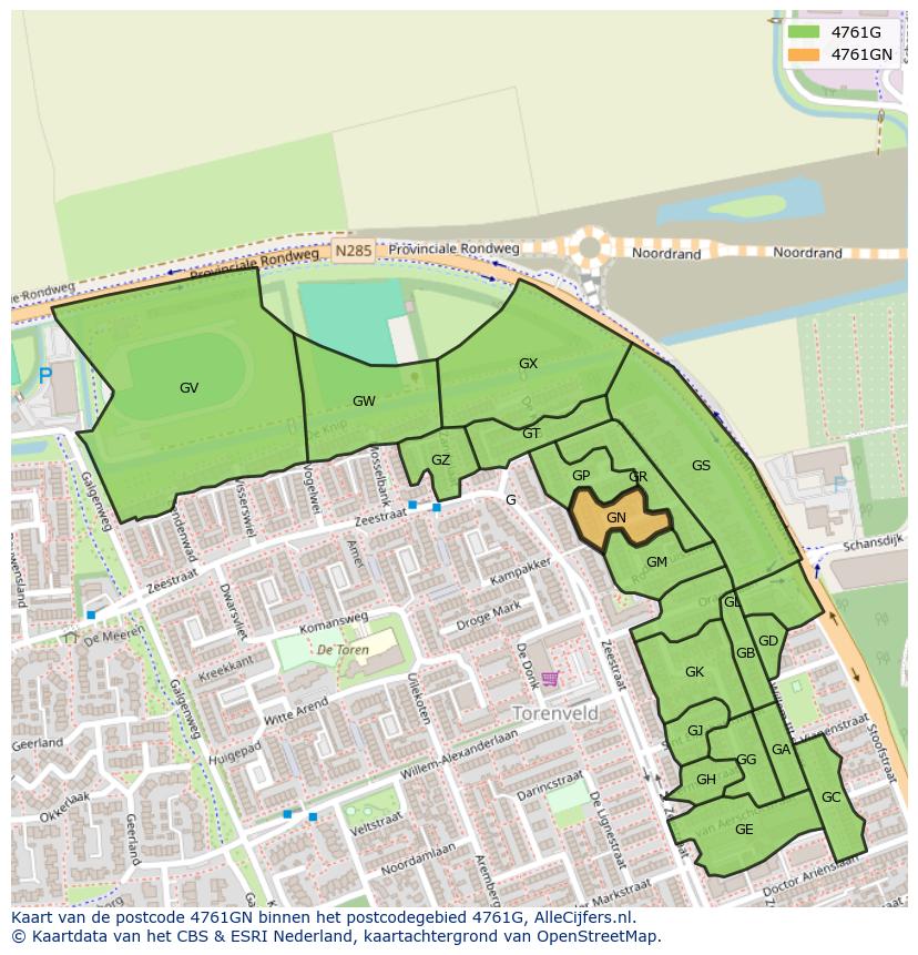 Afbeelding van het postcodegebied 4761 GN op de kaart.