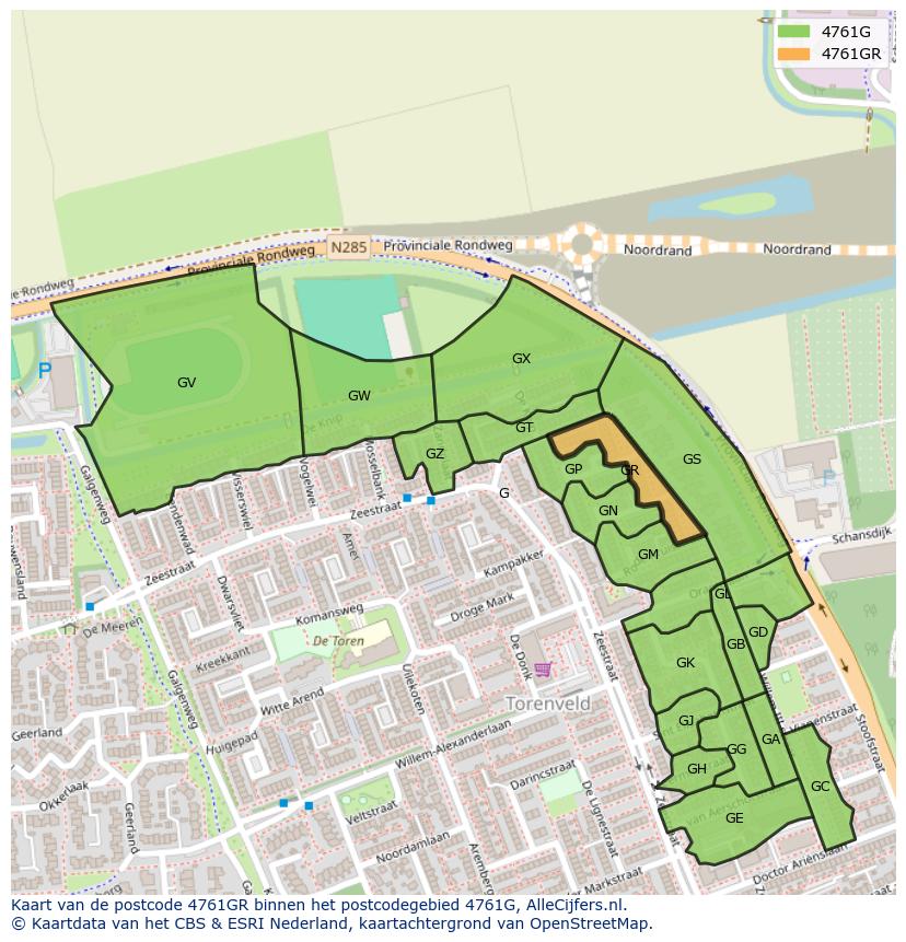 Afbeelding van het postcodegebied 4761 GR op de kaart.