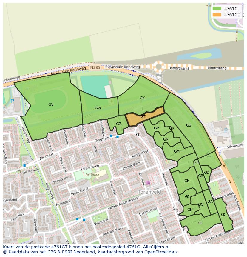 Afbeelding van het postcodegebied 4761 GT op de kaart.