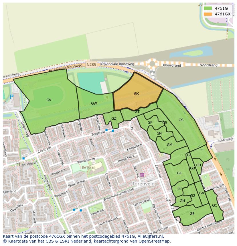 Afbeelding van het postcodegebied 4761 GX op de kaart.