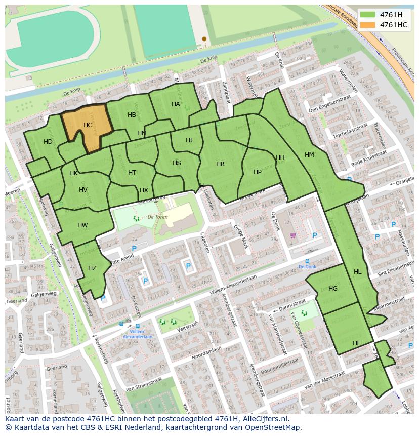 Afbeelding van het postcodegebied 4761 HC op de kaart.