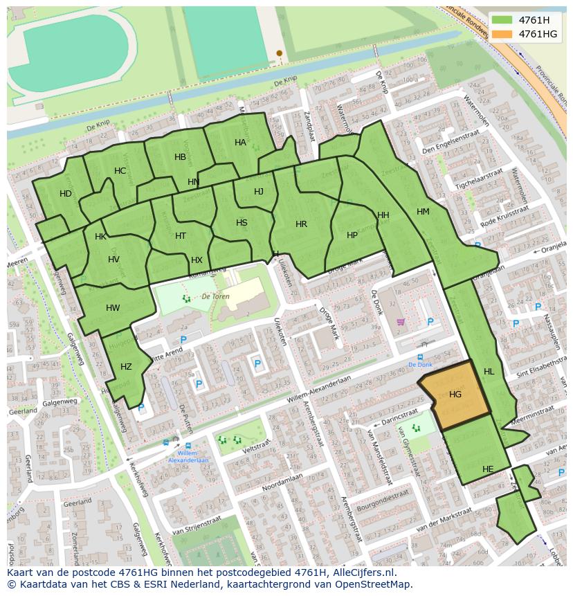 Afbeelding van het postcodegebied 4761 HG op de kaart.