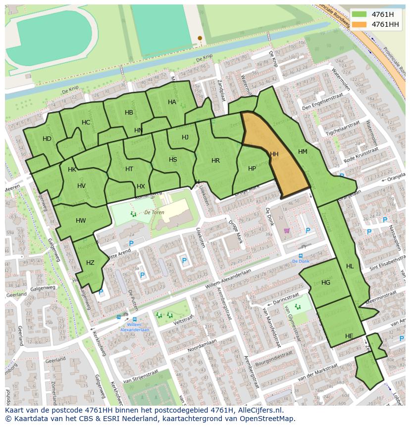 Afbeelding van het postcodegebied 4761 HH op de kaart.
