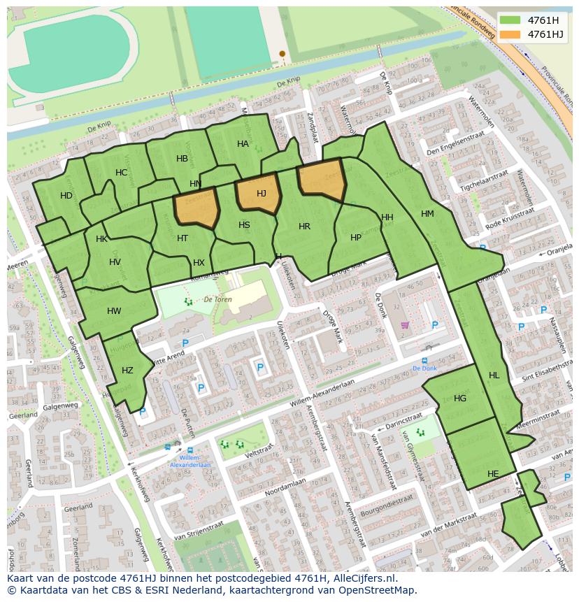Afbeelding van het postcodegebied 4761 HJ op de kaart.
