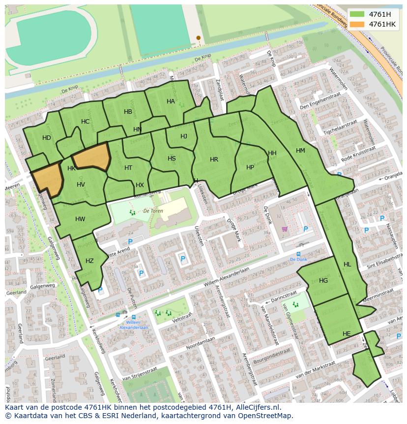 Afbeelding van het postcodegebied 4761 HK op de kaart.