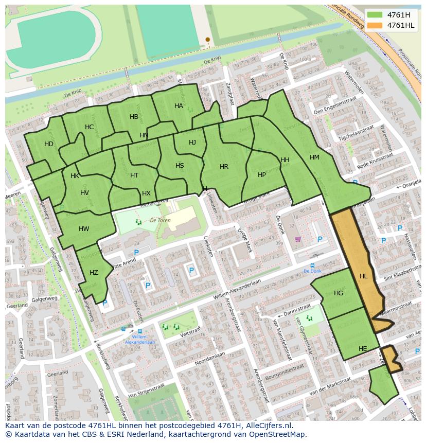 Afbeelding van het postcodegebied 4761 HL op de kaart.