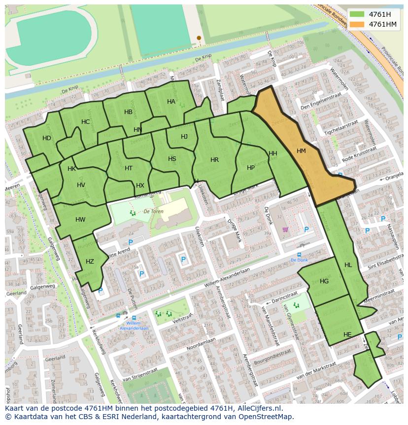 Afbeelding van het postcodegebied 4761 HM op de kaart.