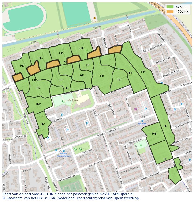 Afbeelding van het postcodegebied 4761 HN op de kaart.