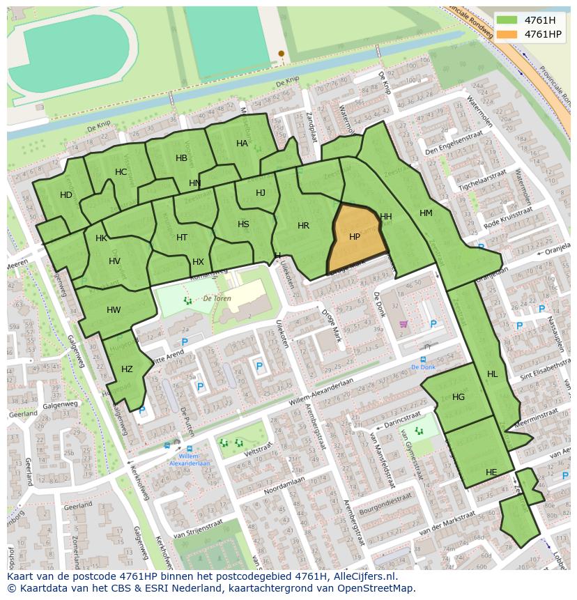 Afbeelding van het postcodegebied 4761 HP op de kaart.