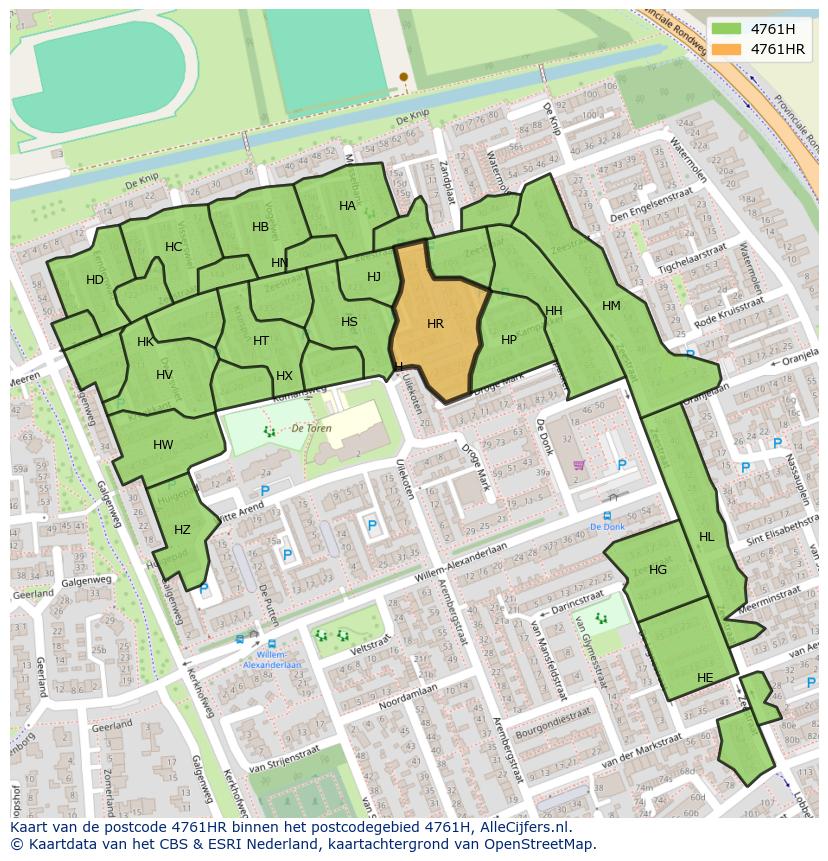 Afbeelding van het postcodegebied 4761 HR op de kaart.