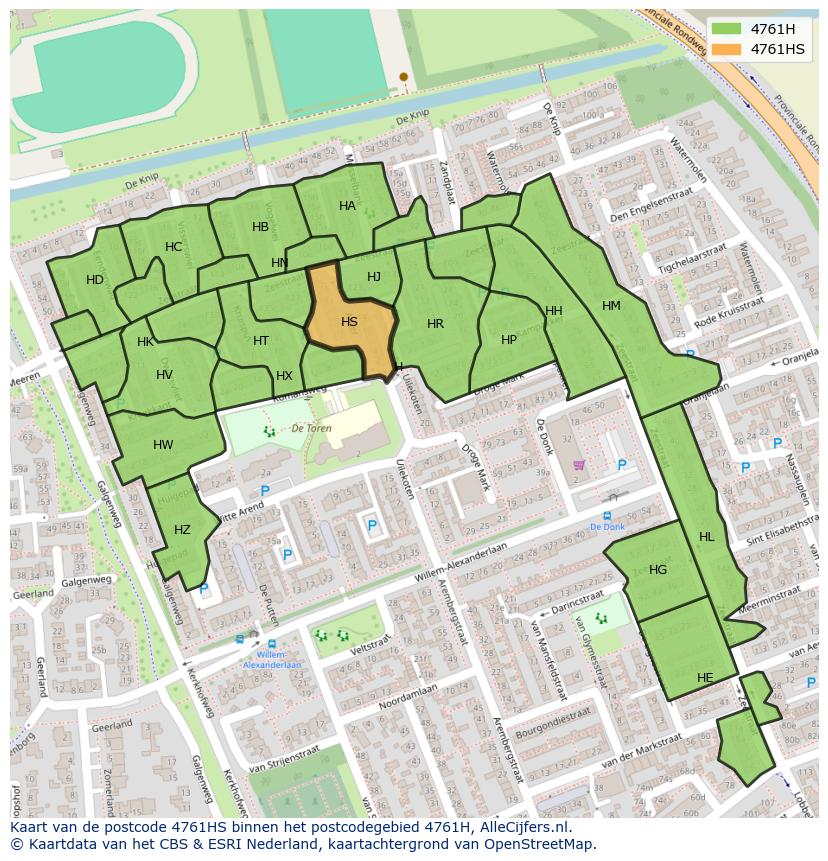 Afbeelding van het postcodegebied 4761 HS op de kaart.