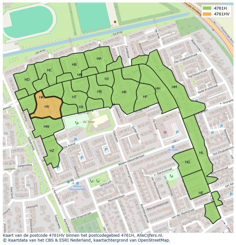 Afbeelding van het postcodegebied 4761 HV op de kaart.