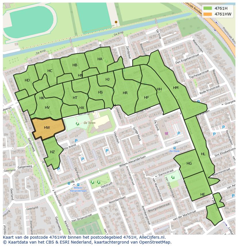 Afbeelding van het postcodegebied 4761 HW op de kaart.