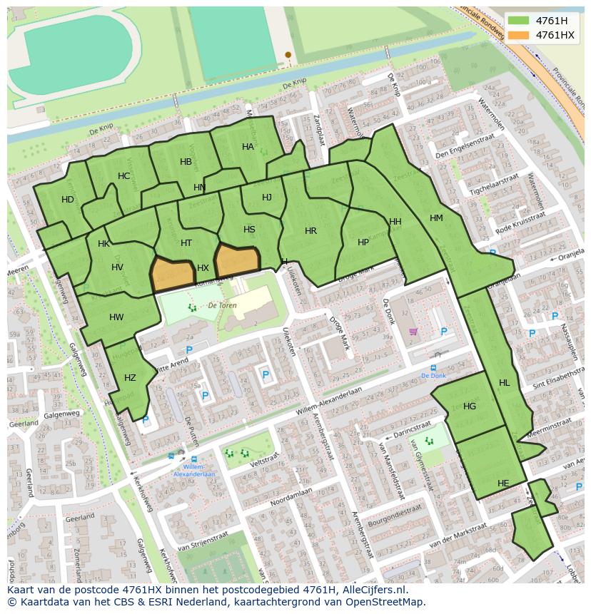 Afbeelding van het postcodegebied 4761 HX op de kaart.