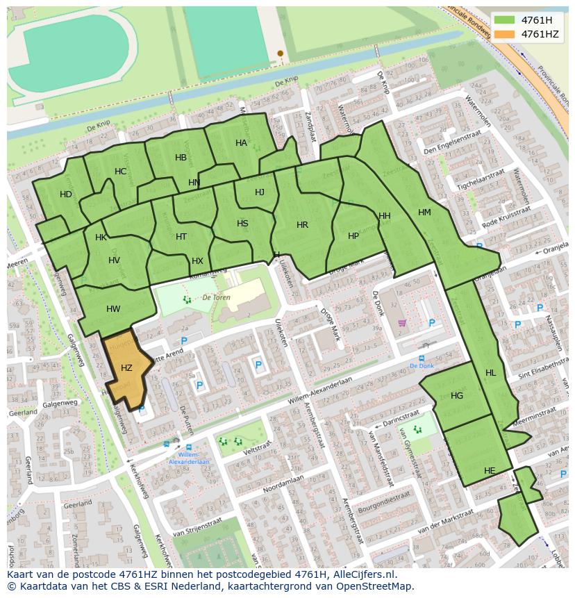 Afbeelding van het postcodegebied 4761 HZ op de kaart.