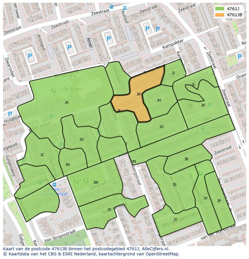 Afbeelding van het postcodegebied 4761 JB op de kaart.