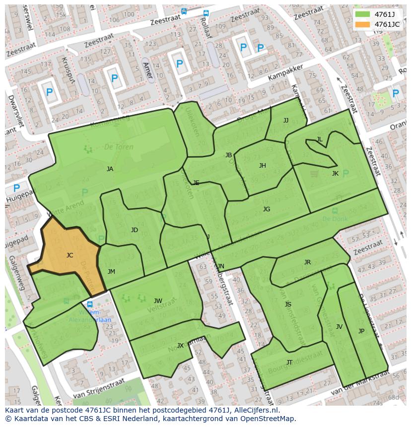 Afbeelding van het postcodegebied 4761 JC op de kaart.