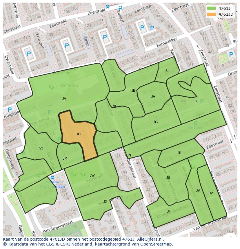 Afbeelding van het postcodegebied 4761 JD op de kaart.