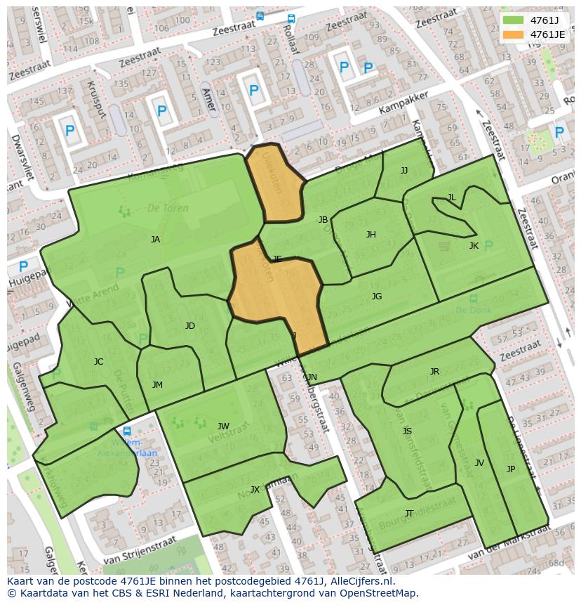 Afbeelding van het postcodegebied 4761 JE op de kaart.