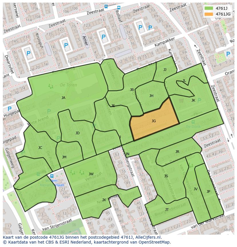 Afbeelding van het postcodegebied 4761 JG op de kaart.
