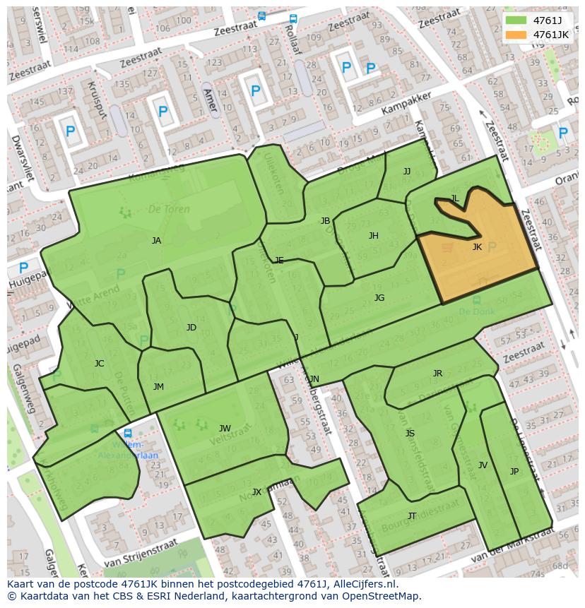 Afbeelding van het postcodegebied 4761 JK op de kaart.