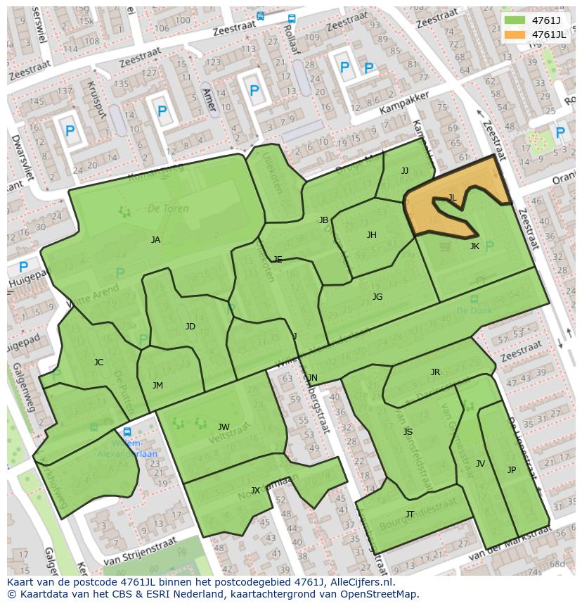 Afbeelding van het postcodegebied 4761 JL op de kaart.