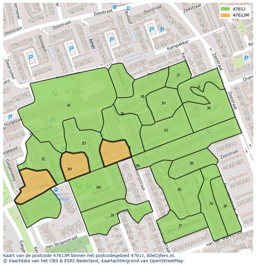 Afbeelding van het postcodegebied 4761 JM op de kaart.