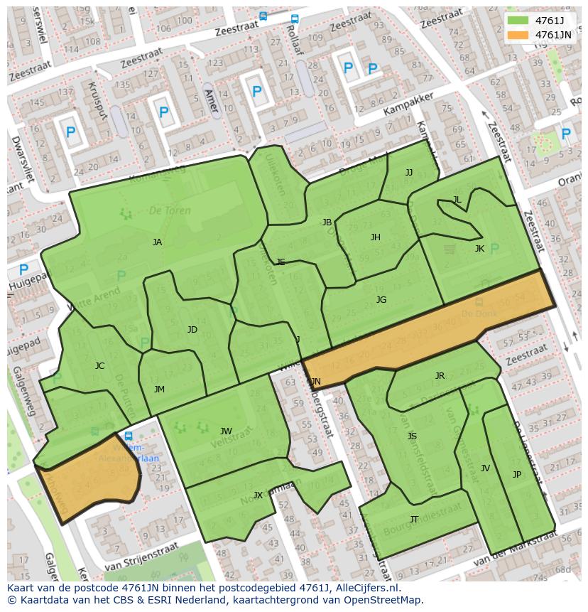 Afbeelding van het postcodegebied 4761 JN op de kaart.