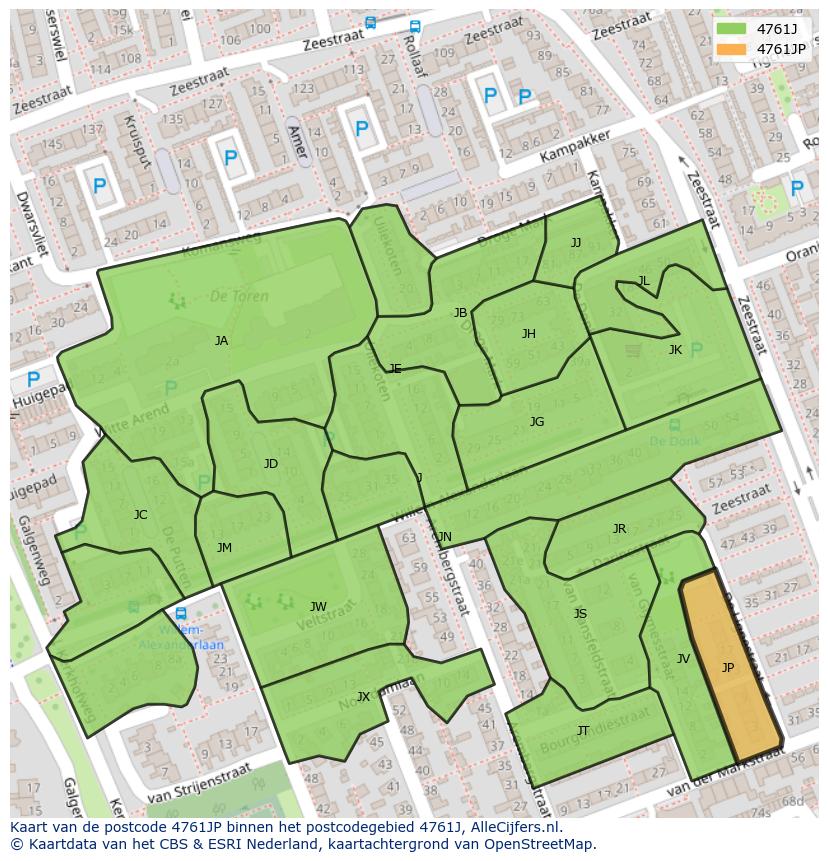 Afbeelding van het postcodegebied 4761 JP op de kaart.