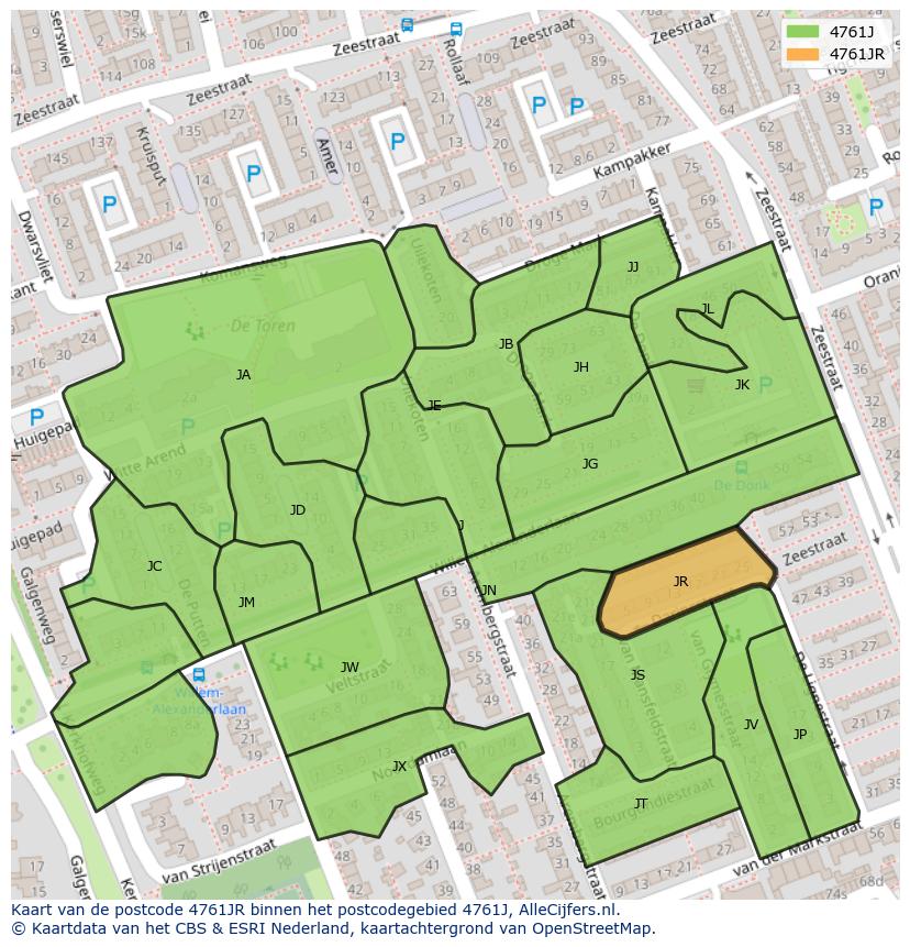 Afbeelding van het postcodegebied 4761 JR op de kaart.