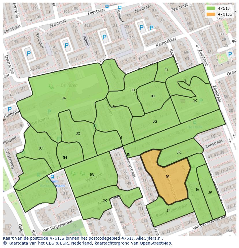 Afbeelding van het postcodegebied 4761 JS op de kaart.