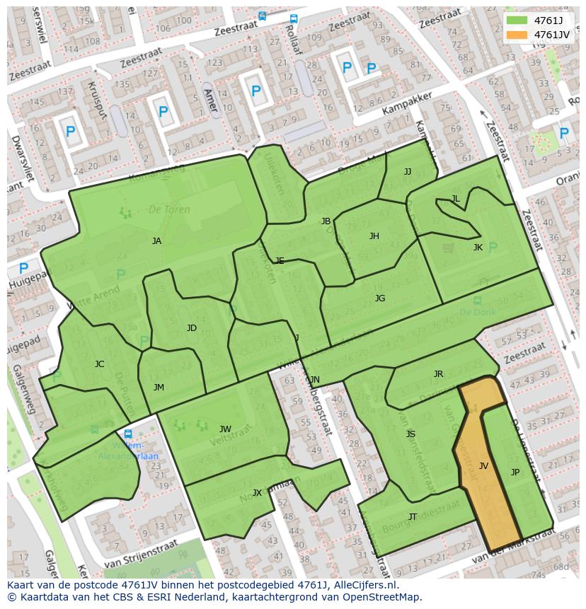 Afbeelding van het postcodegebied 4761 JV op de kaart.