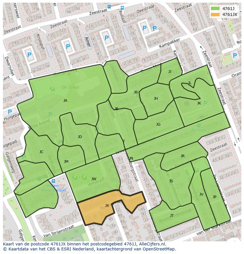 Afbeelding van het postcodegebied 4761 JX op de kaart.