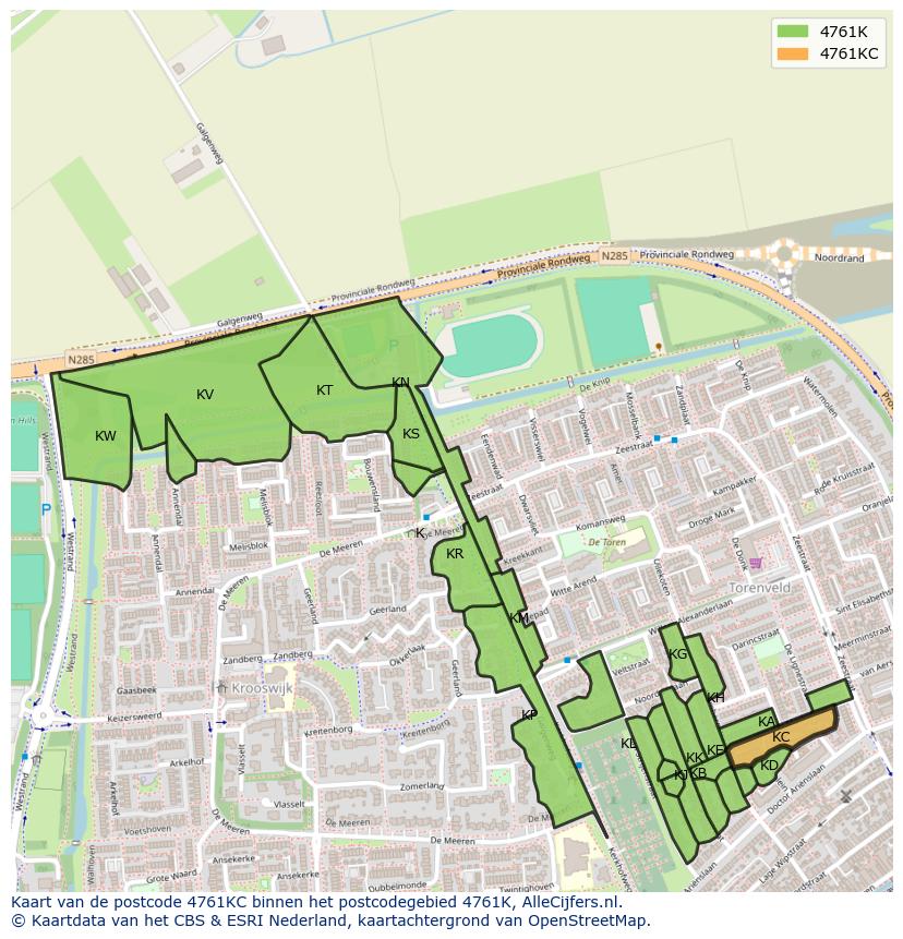Afbeelding van het postcodegebied 4761 KC op de kaart.