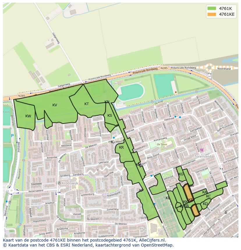 Afbeelding van het postcodegebied 4761 KE op de kaart.