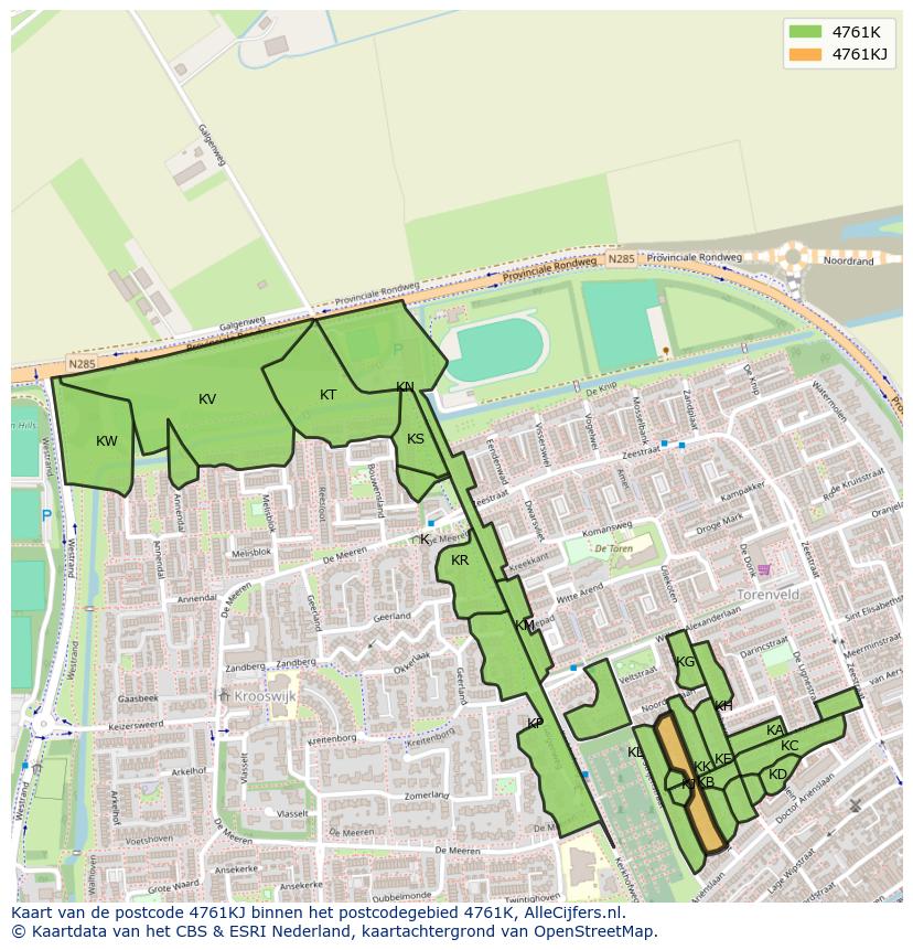 Afbeelding van het postcodegebied 4761 KJ op de kaart.