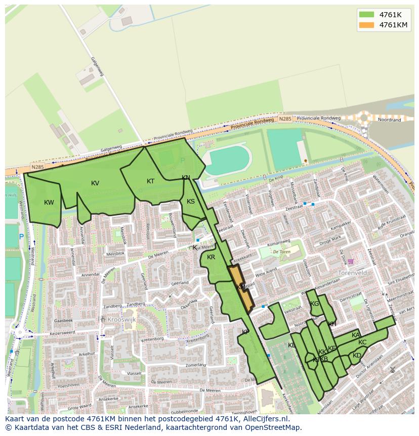 Afbeelding van het postcodegebied 4761 KM op de kaart.