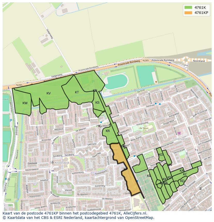 Afbeelding van het postcodegebied 4761 KP op de kaart.