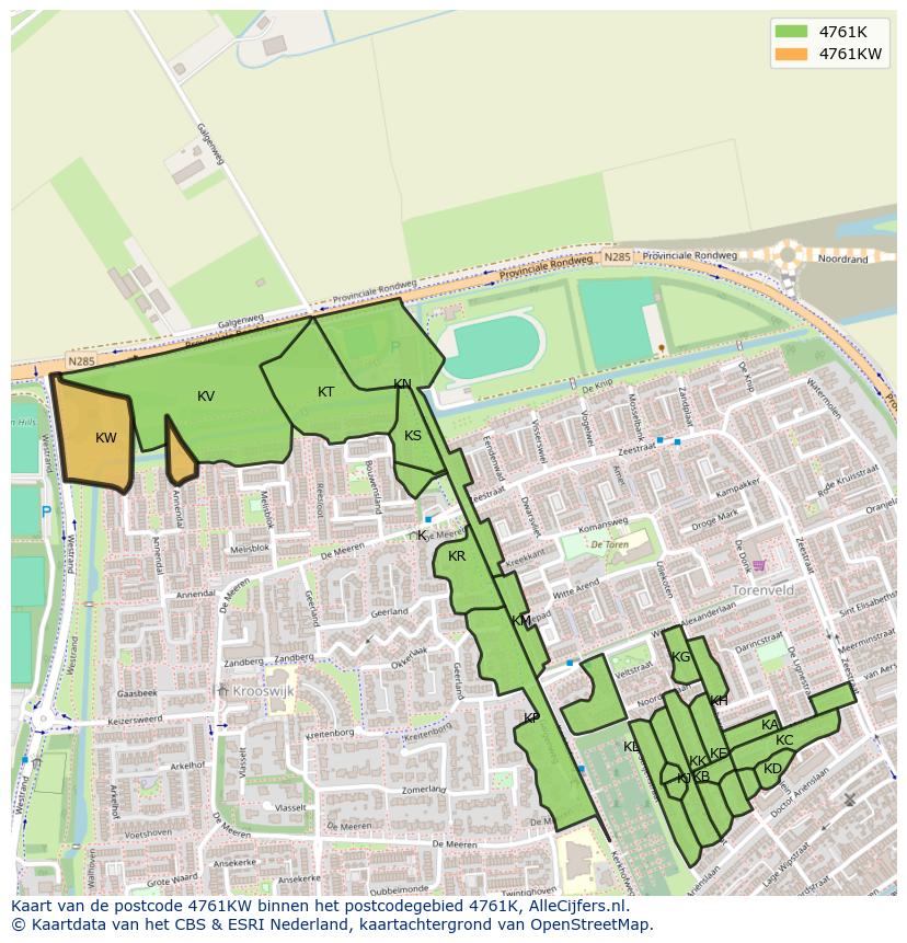 Afbeelding van het postcodegebied 4761 KW op de kaart.