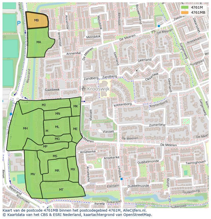 Afbeelding van het postcodegebied 4761 MB op de kaart.