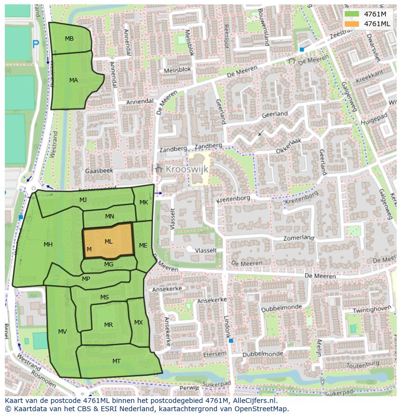 Afbeelding van het postcodegebied 4761 ML op de kaart.