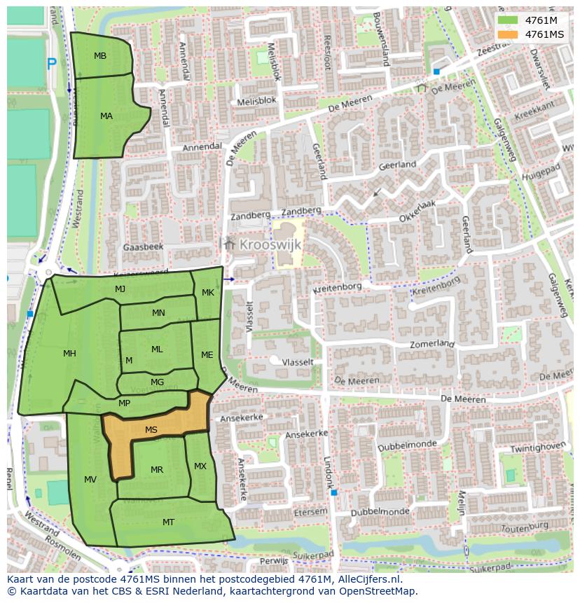 Afbeelding van het postcodegebied 4761 MS op de kaart.