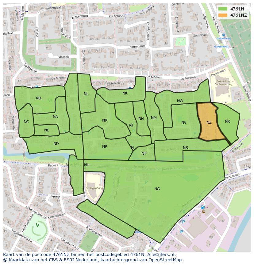 Afbeelding van het postcodegebied 4761 NZ op de kaart.
