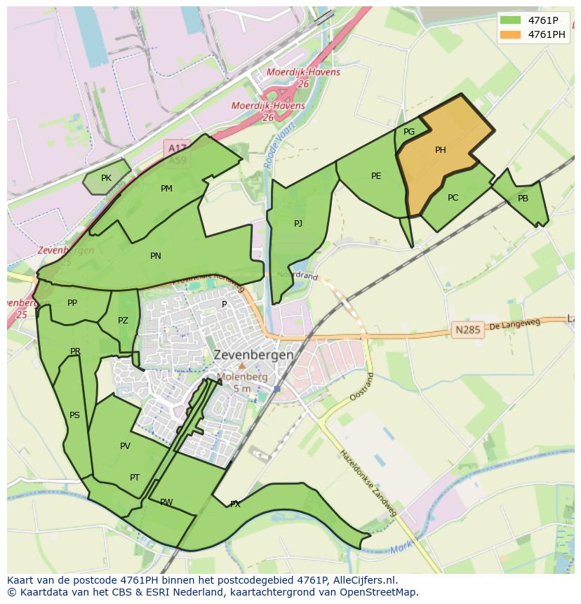 Afbeelding van het postcodegebied 4761 PH op de kaart.