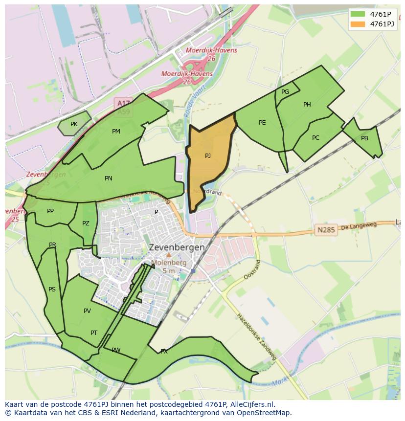 Afbeelding van het postcodegebied 4761 PJ op de kaart.