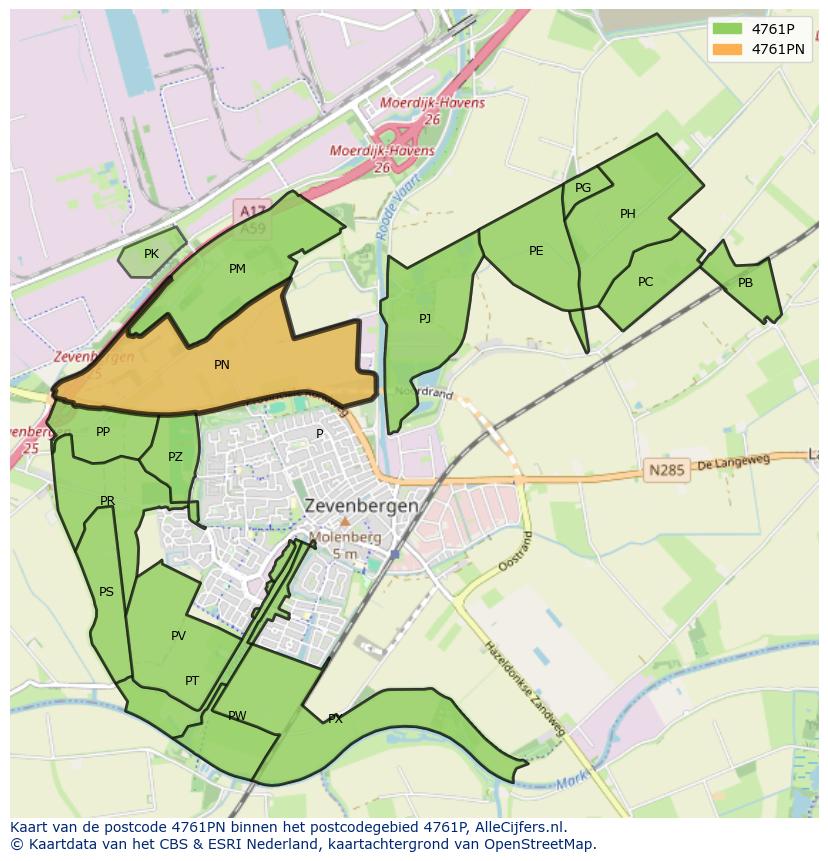 Afbeelding van het postcodegebied 4761 PN op de kaart.