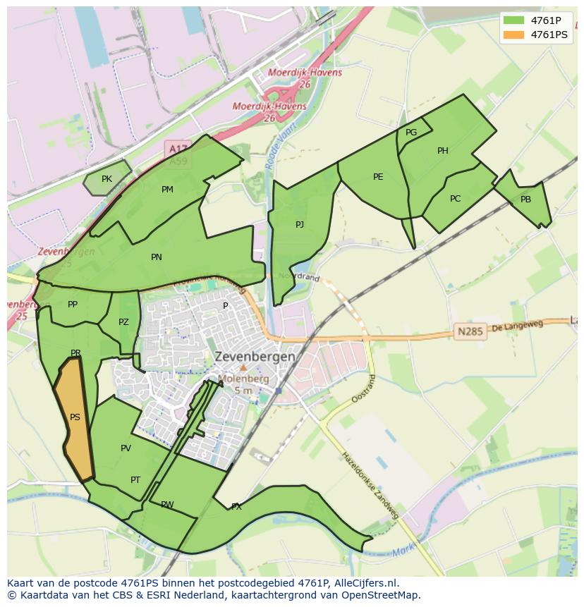 Afbeelding van het postcodegebied 4761 PS op de kaart.