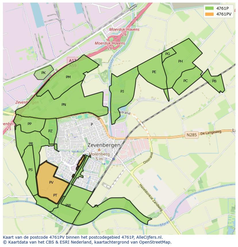 Afbeelding van het postcodegebied 4761 PV op de kaart.