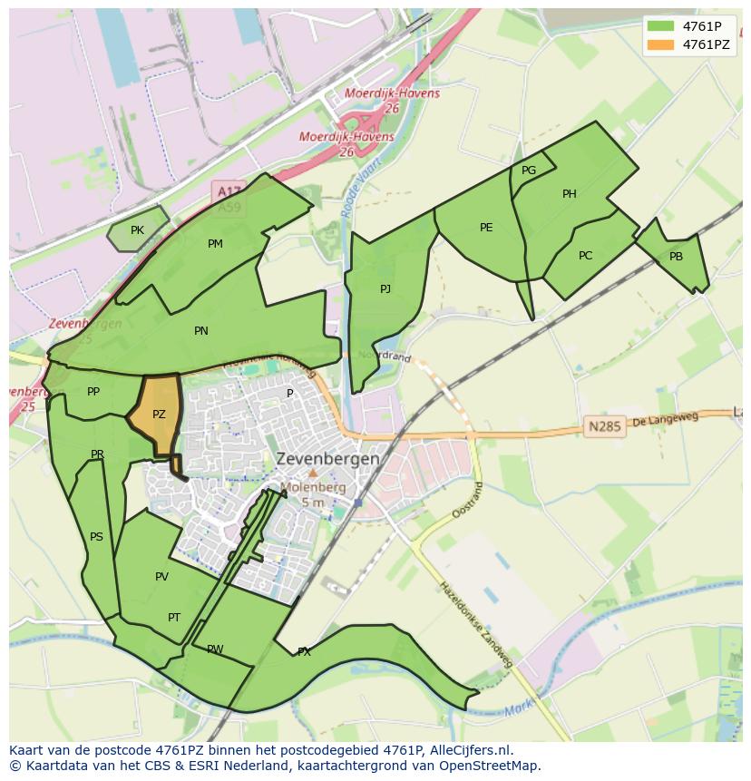 Afbeelding van het postcodegebied 4761 PZ op de kaart.