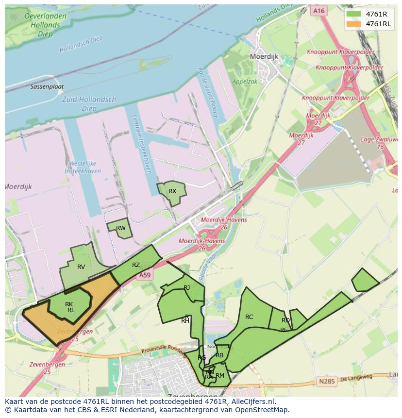 Afbeelding van het postcodegebied 4761 RL op de kaart.